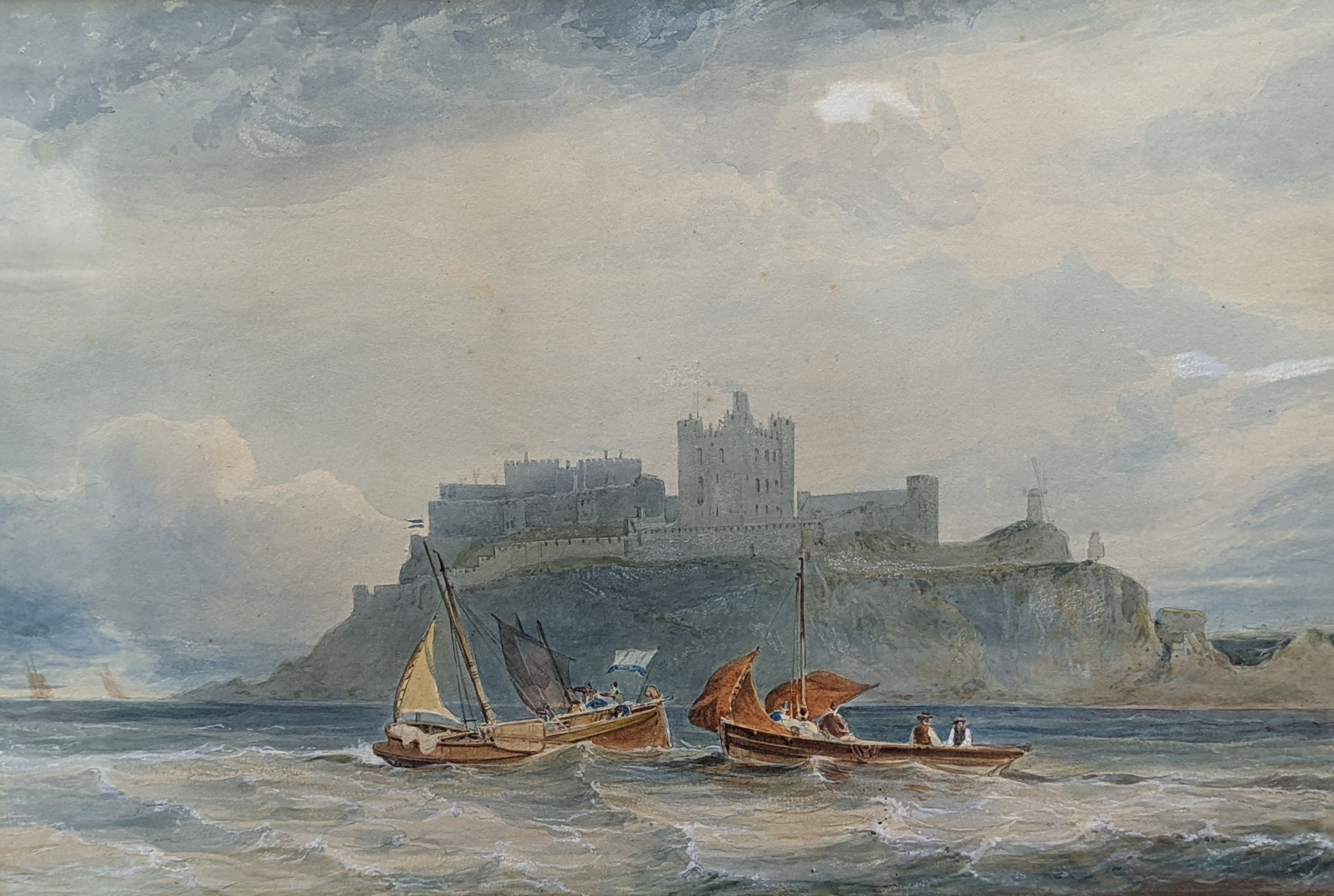 F. Grafton (19th C.), watercolour, Bamburgh Castle from the sea, 29 x 42.5cm